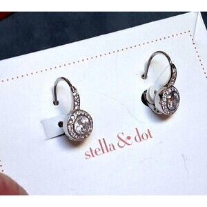 Stella & Dot Crystal Dangle Earrings Silver Tone Round Halo Boxed Pierced